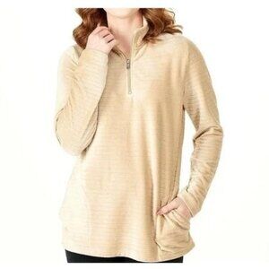 Denim and Co Comfort Zone Textured Velour Half Zip Pullover Size XS Oat Milk NEW